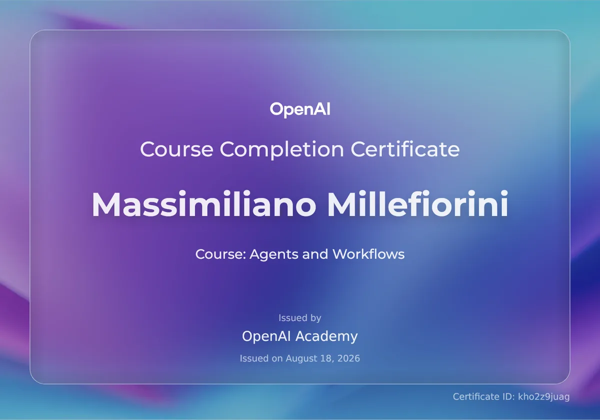 Attestato Agents and Workflows rilasciato a Massimiliano Millefiorini da OpenAI Academy