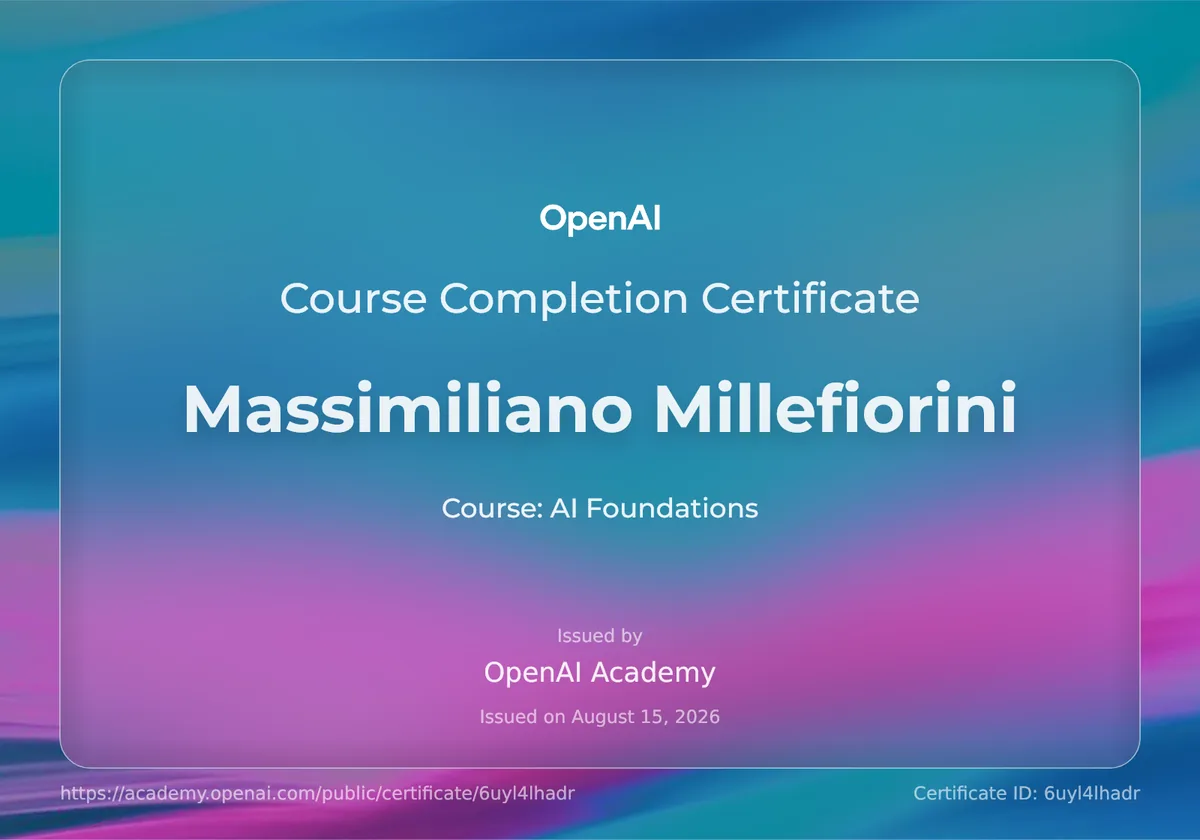 Attestato AI Foundations rilasciato a Massimiliano Millefiorini da OpenAI Academy