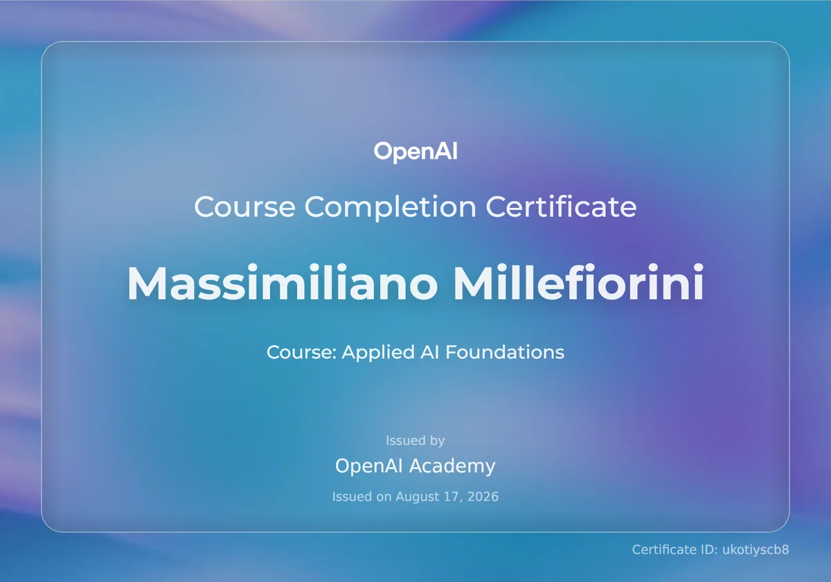 Attestato Applied AI Foundations rilasciato a Massimiliano Millefiorini da OpenAI Academy